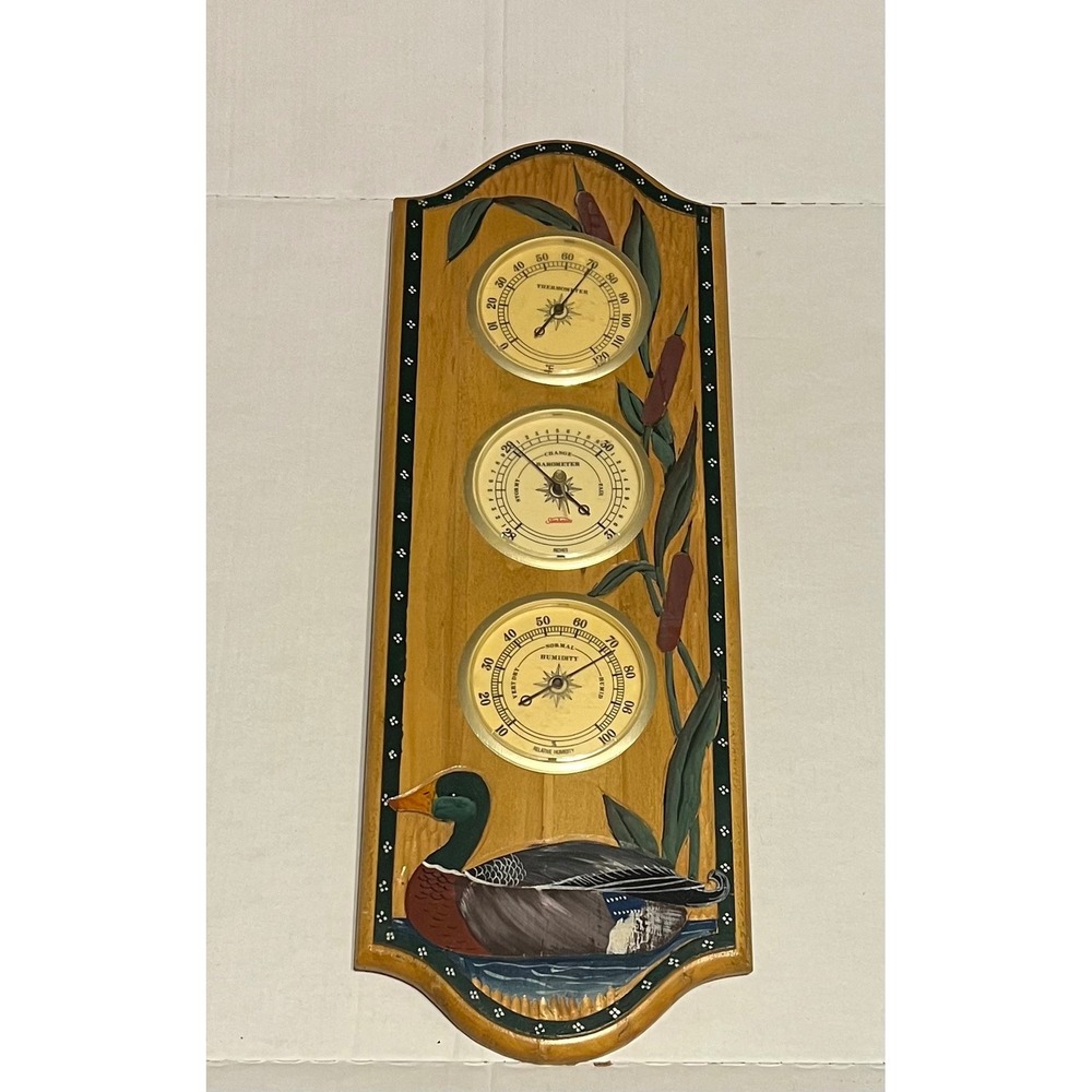 Vintage Style Duck Wood Weather Station Barometer Cottagecore Rustic Cabin